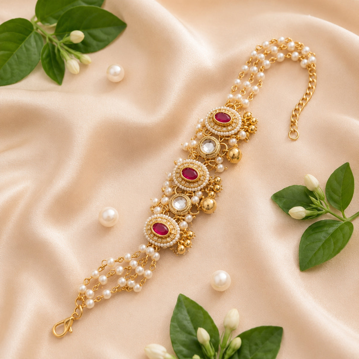 Rhea Ruby & Pearl Embellished Bracelet