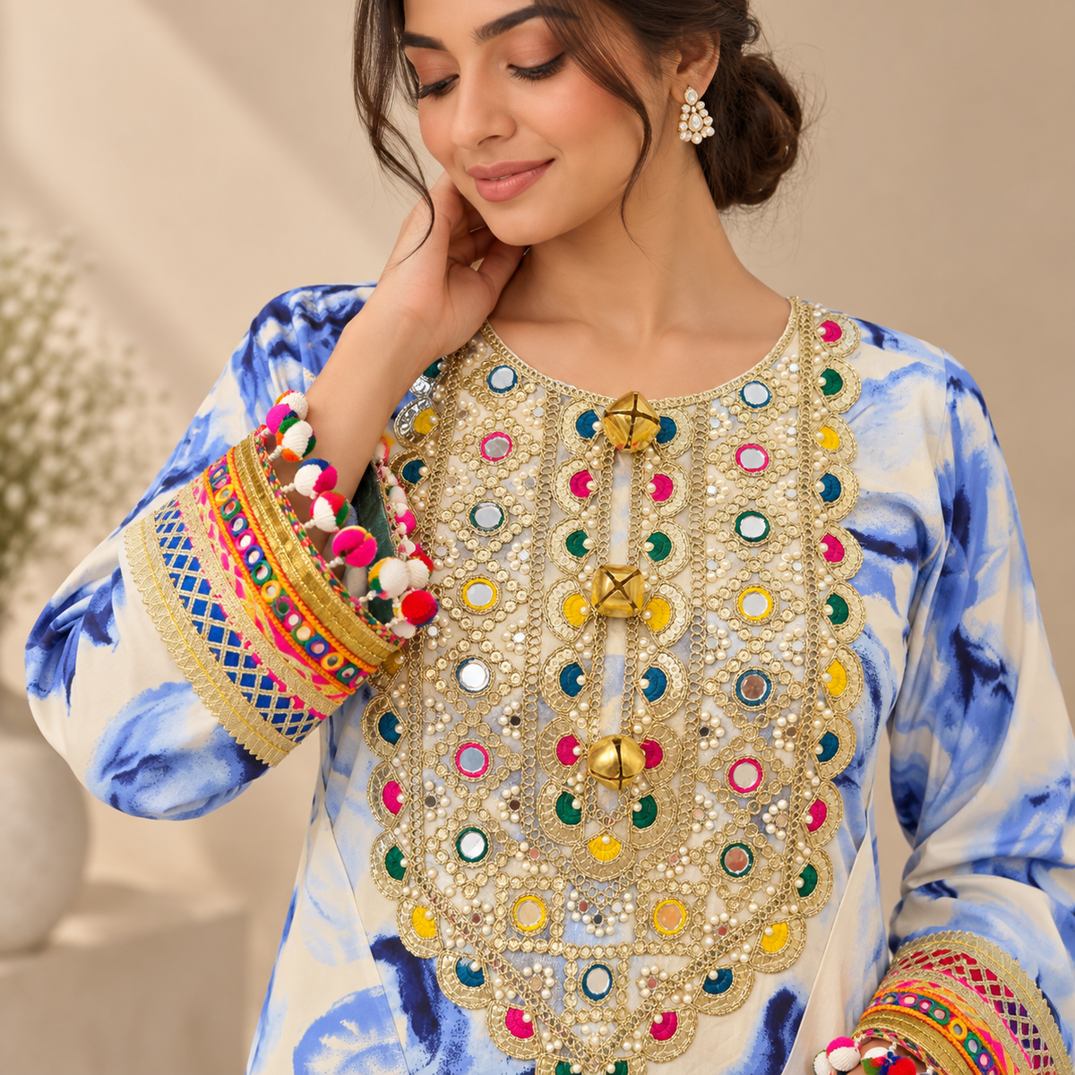 Blue Brushstroke Embellished Pheran Dress/Kurta