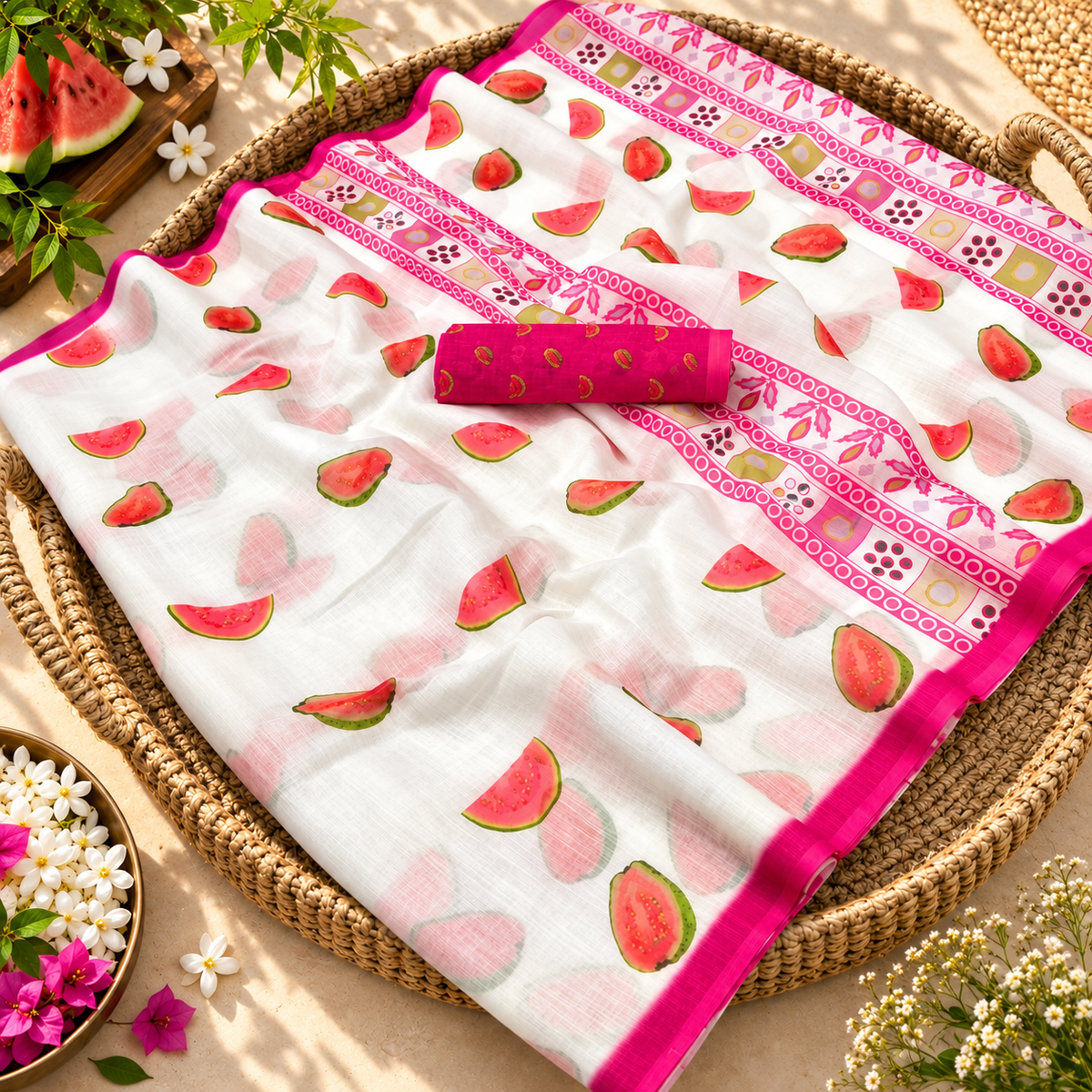 Watermelon Bloom Cotton Linen Saree