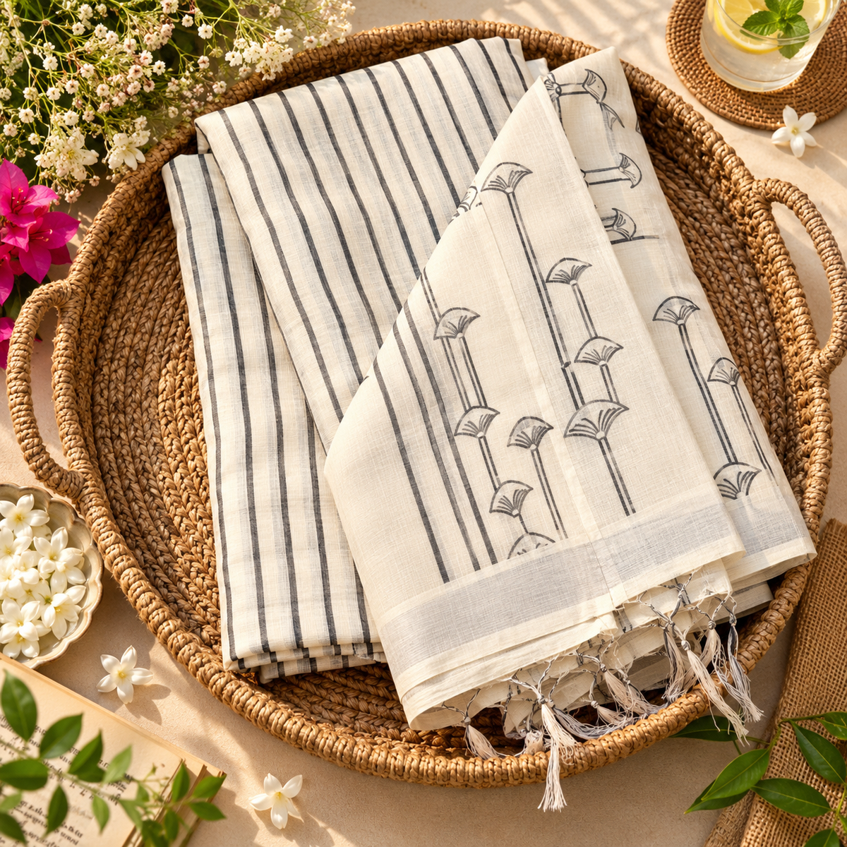 Ivory Stripes & Botanical Cotton Linen Saree