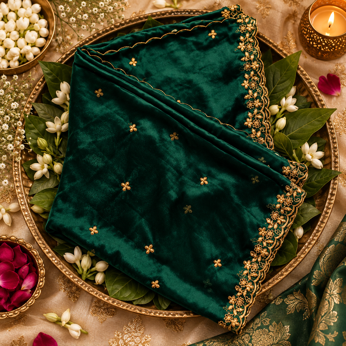 Emerald Green Dupatta with Golden Floral Embroidery