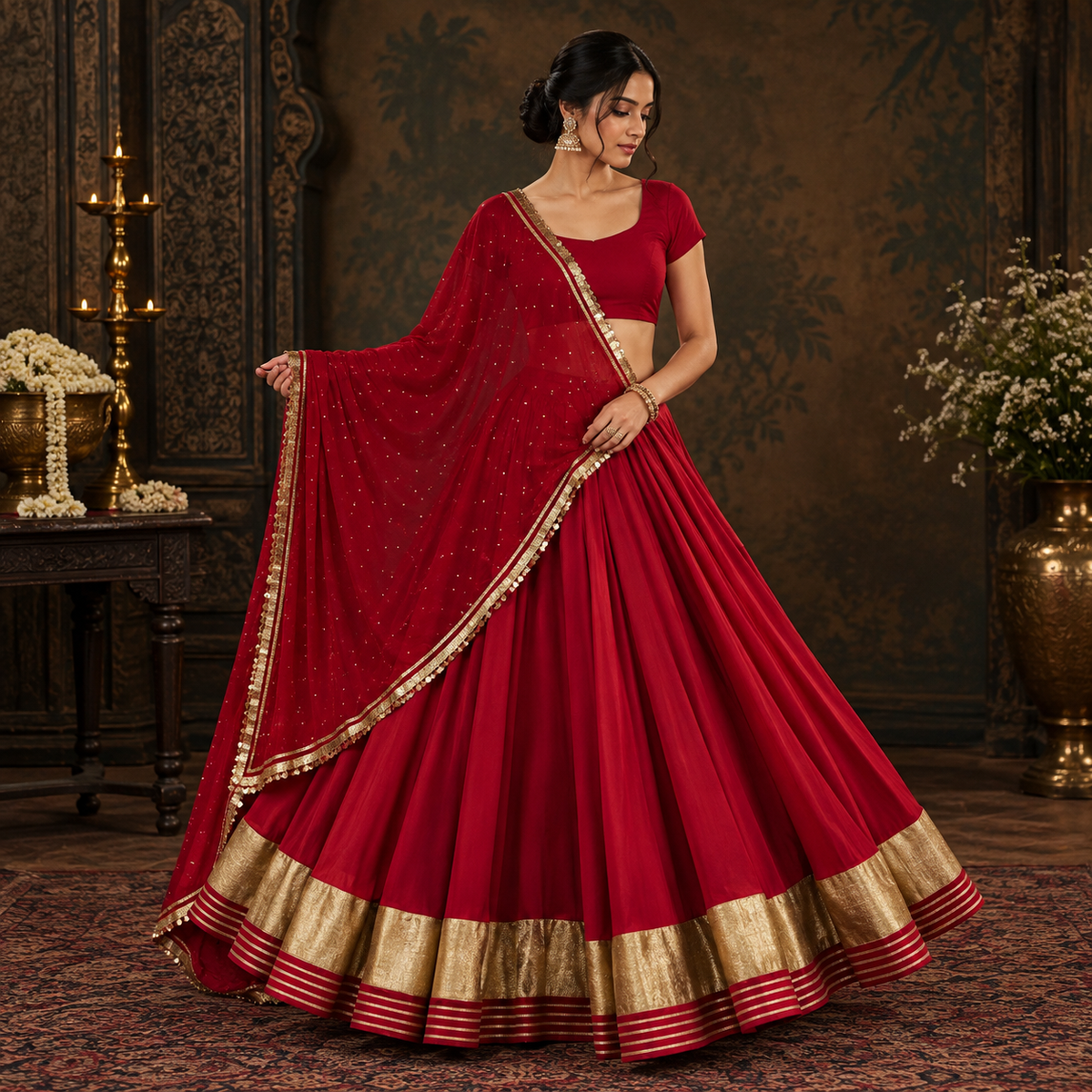 Rukhsaar Crimson Red Antique Gold Lehenga