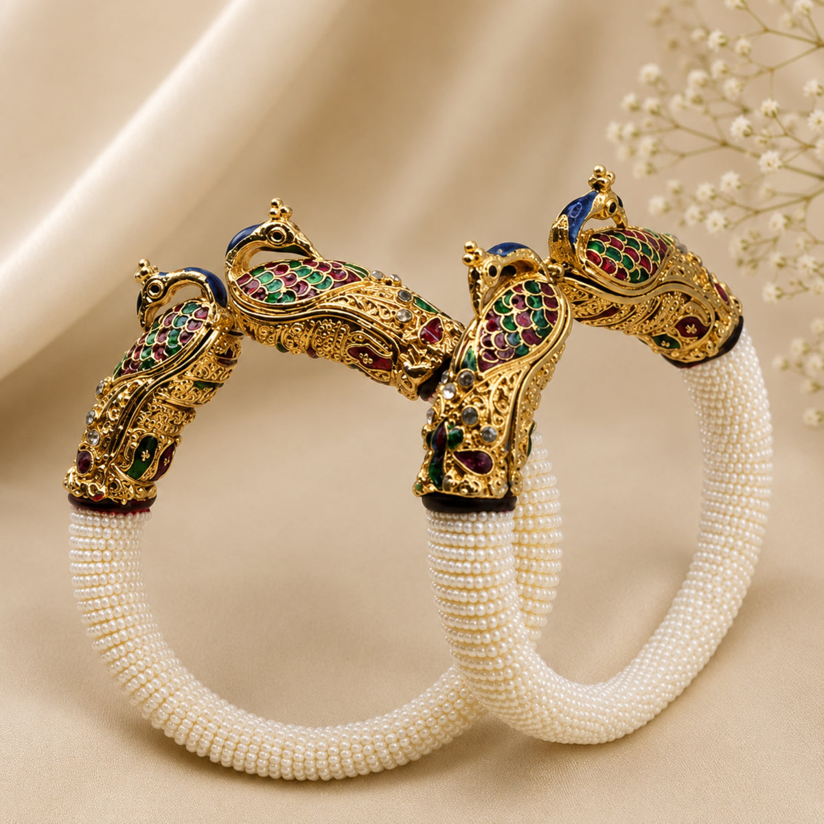 Mayura Enamel Peacock Pearl Kada Set