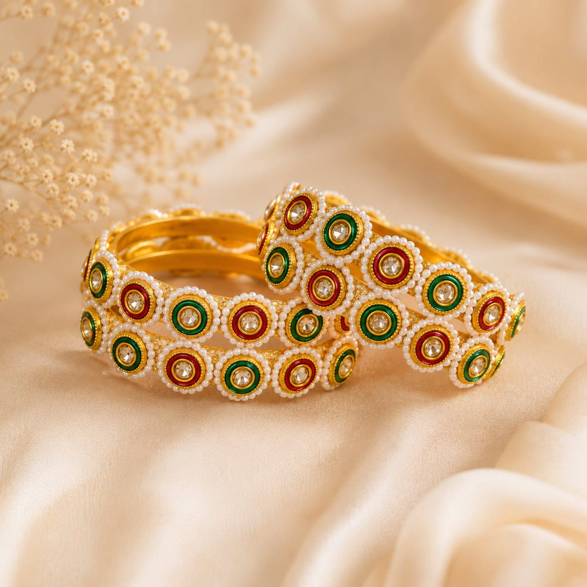 Rangoli Circular Enamel & Pearl Bangle Set