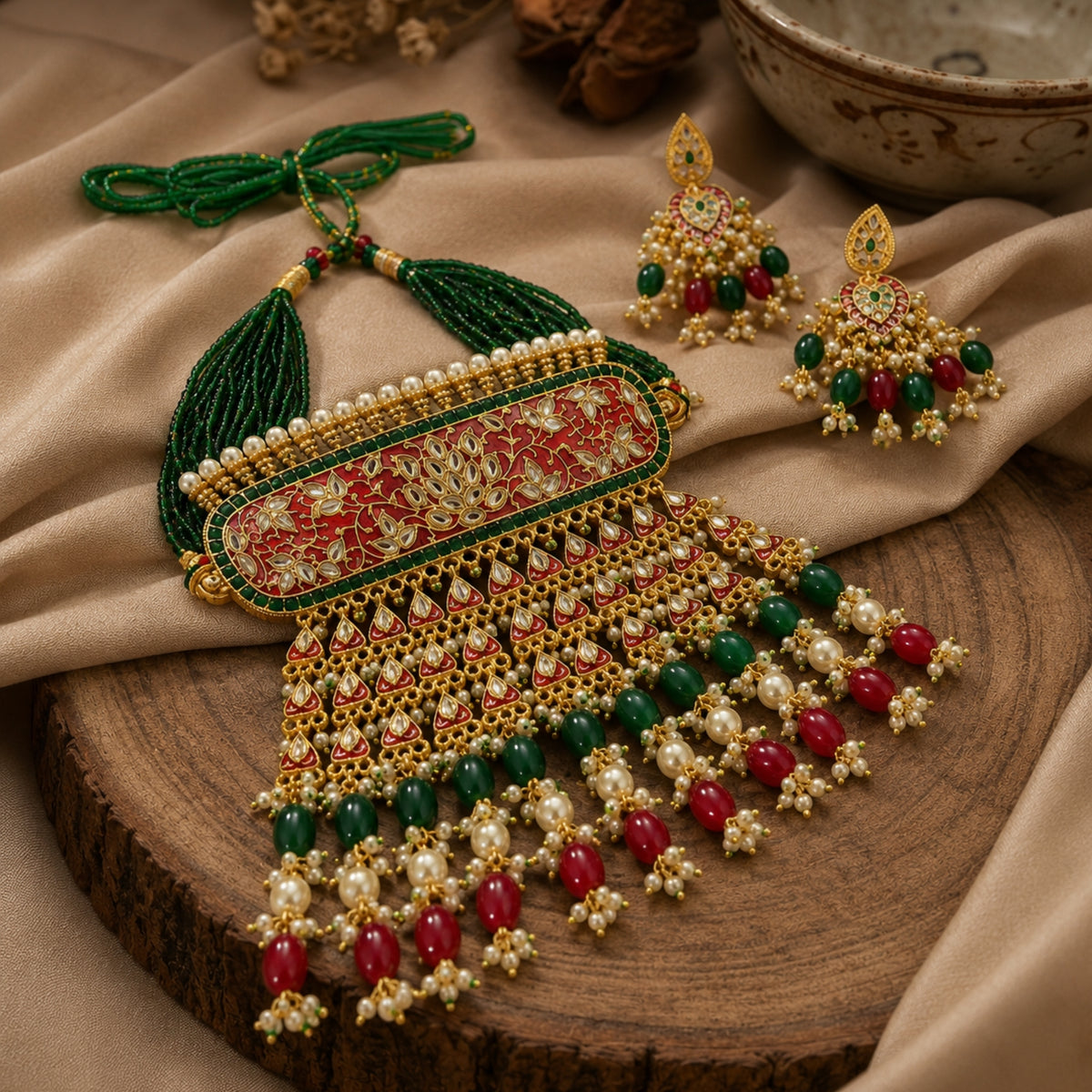 Rajwadi Green and Rani Necklace Set