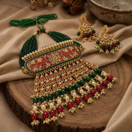 Rajwadi Green and Rani Necklace Set