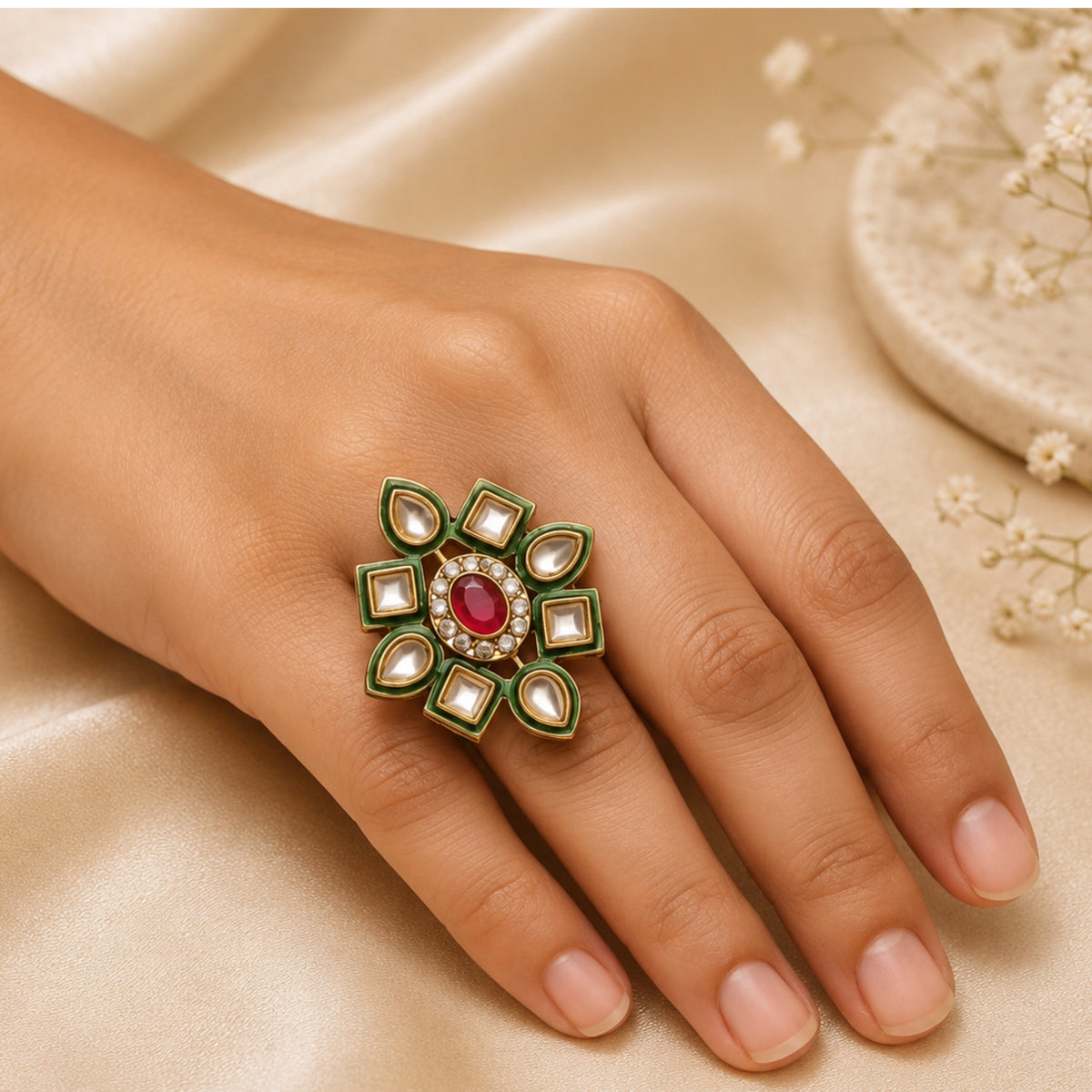 Vivah Geometric Kundan Flower Ring