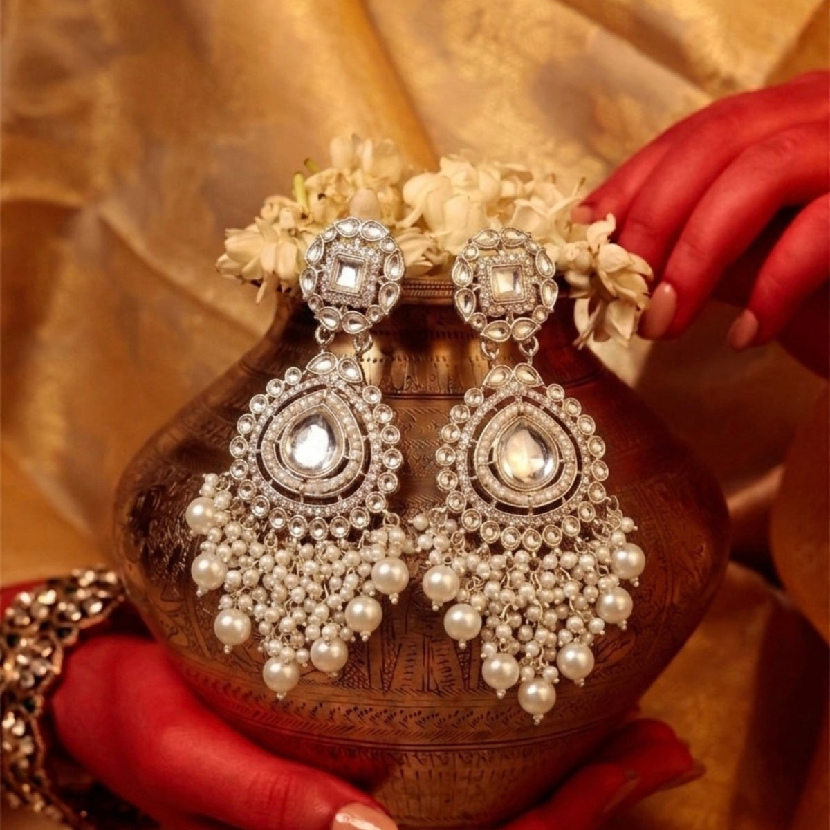 Adaa White Bead Kundan Earrings