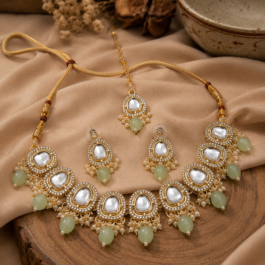 Mint Jashn Kundan Drop Necklace Set