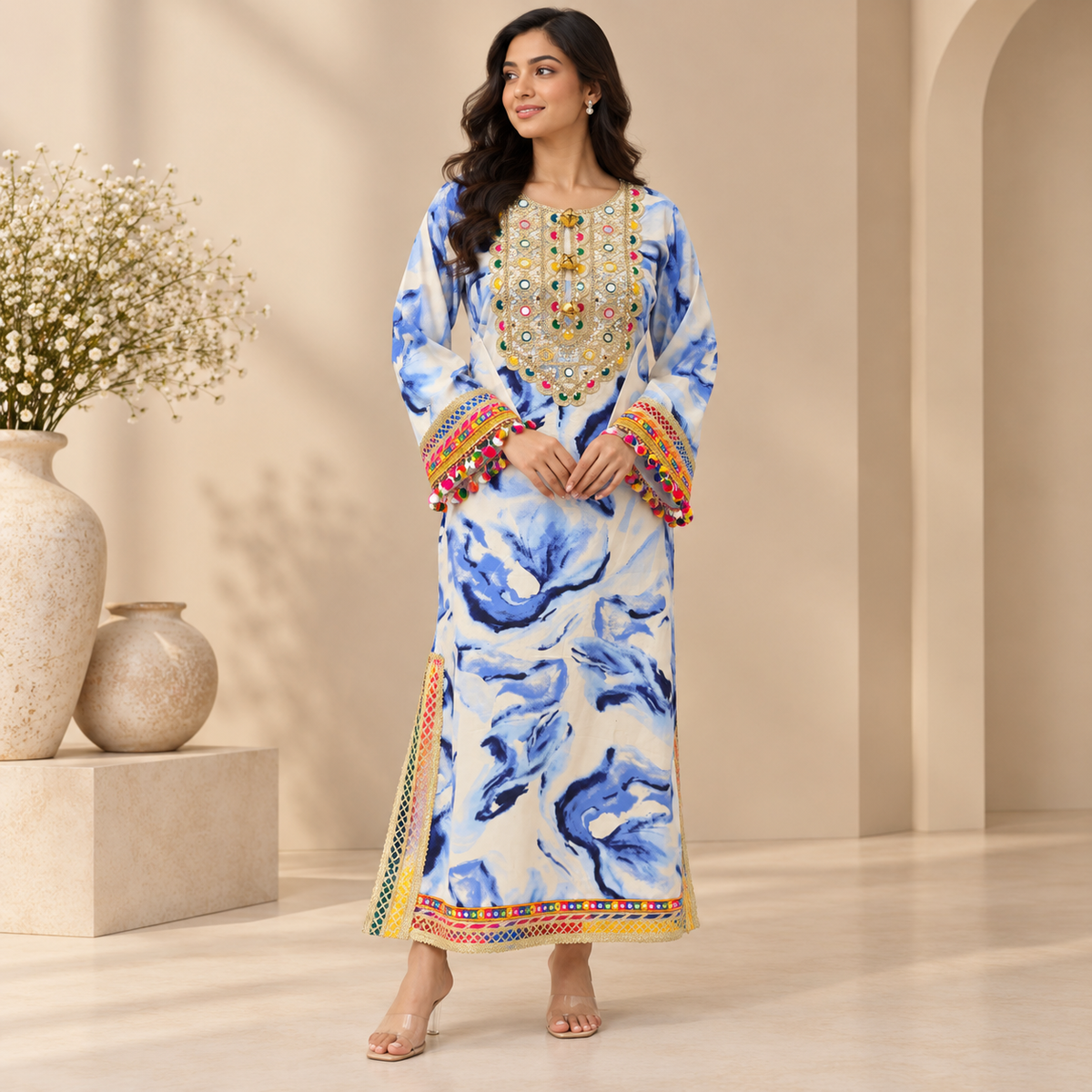 Blue Brushstroke Embellished Pheran Dress/Kurta