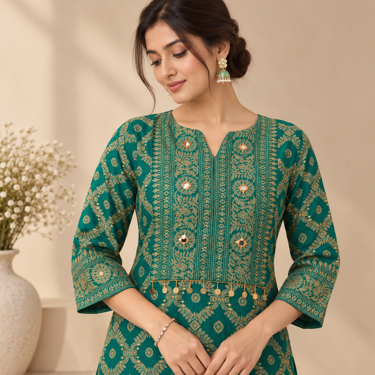 Emerald Green Gold-Print Kurta Set