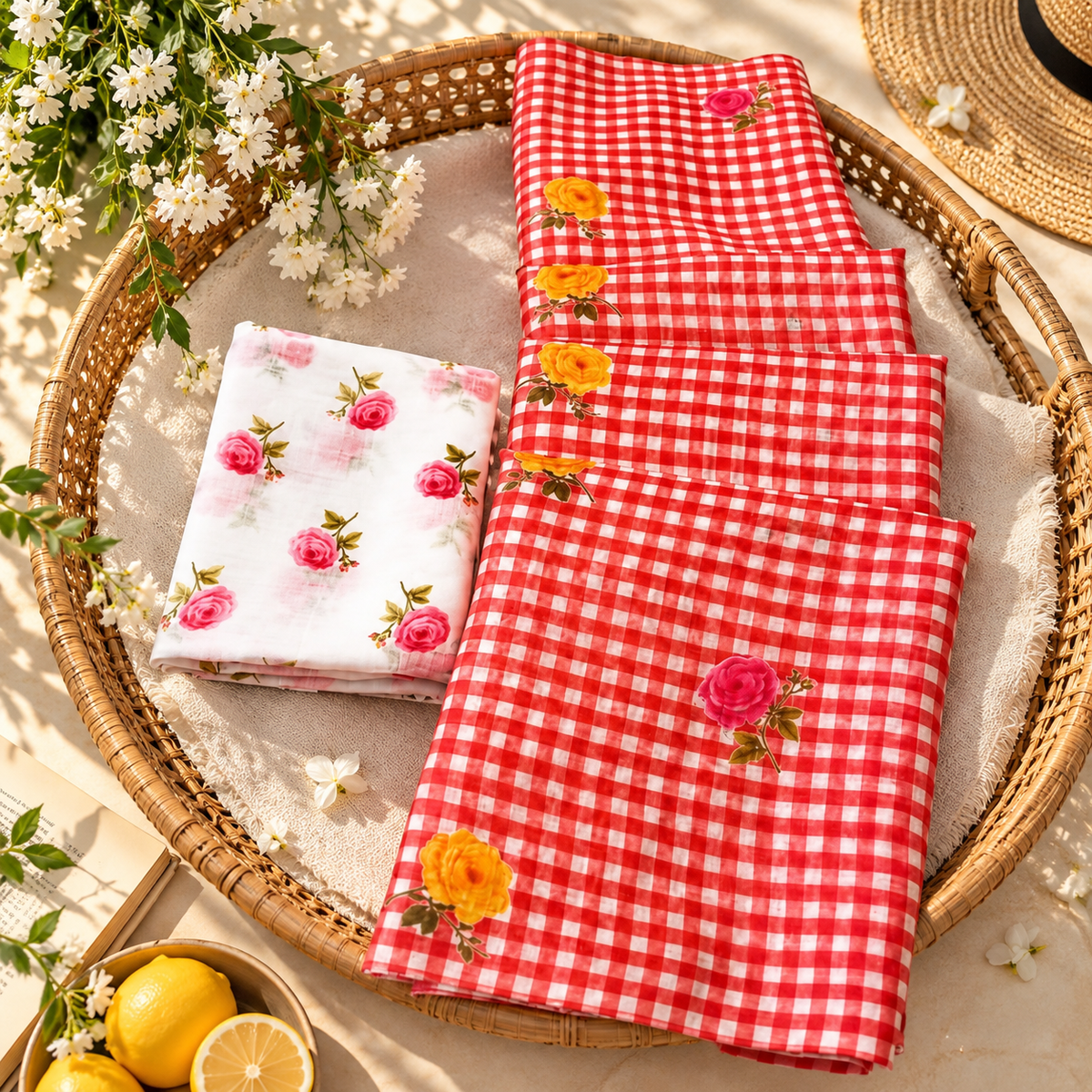 Rosy Gingham Cotton Linen Saree