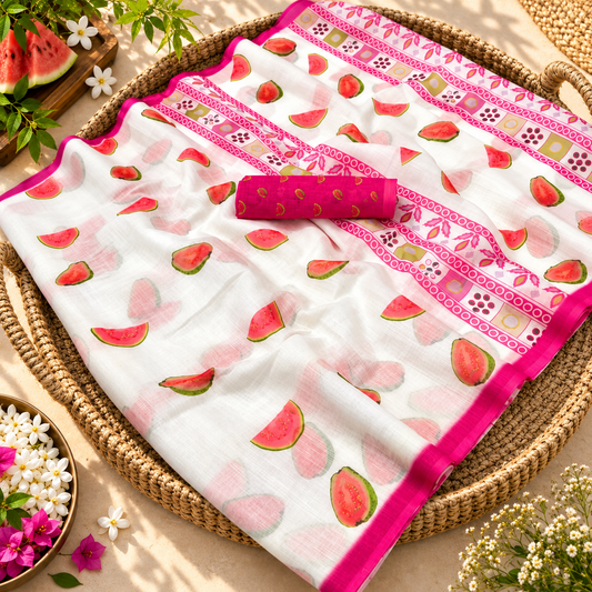 Watermelon Bloom Cotton Linen Saree