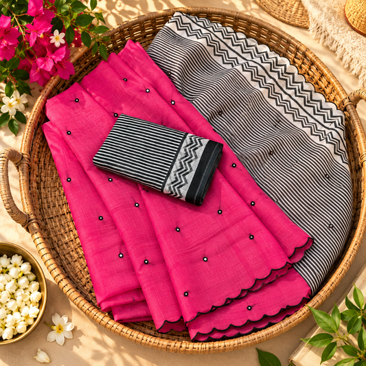 Rani Pink Cotton Saree with Monochrome Striped Pallu