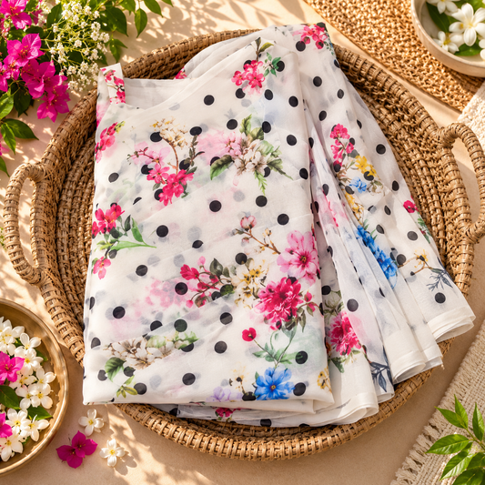 Ivory Bloom – Floral Striped Georgette Saree