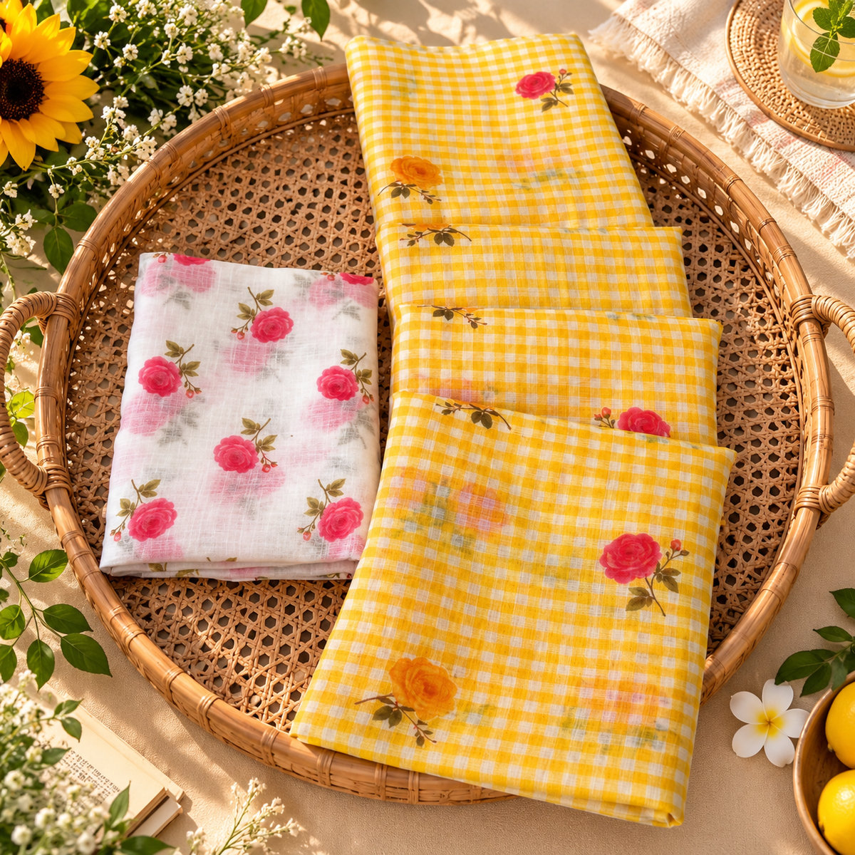 Sunshine Bloom – Yellow Gingham Cotton Linen Saree