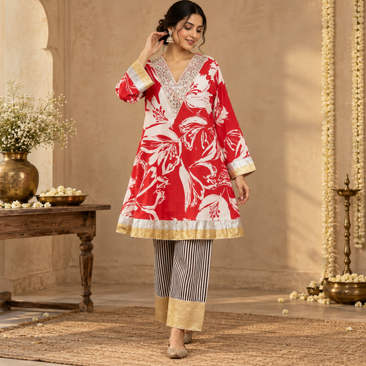 Crimson Bloom  Cotton Kurta Salwar Set