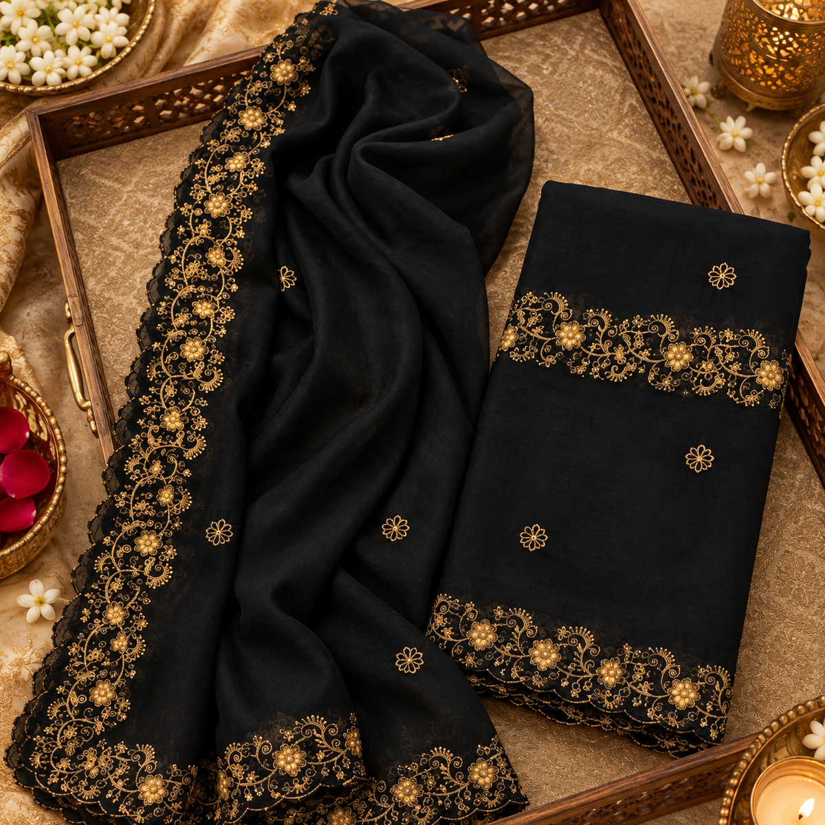 Noir Gold Elegance – Embroidered Dupatta