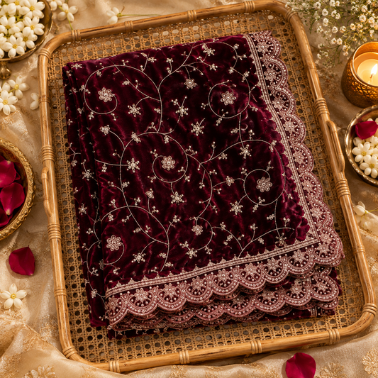 Regal Maroon Velvet Embroidered Dupatta