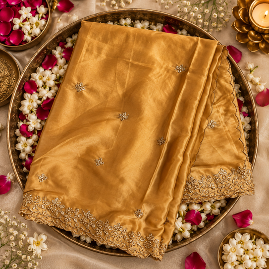 Golden Beige Dupatta with Intricate Floral Embroidery
