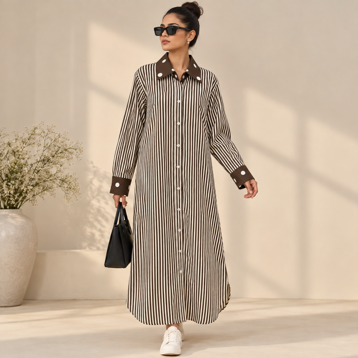 Chocolate Stripe Statement Collar Shirt Dress