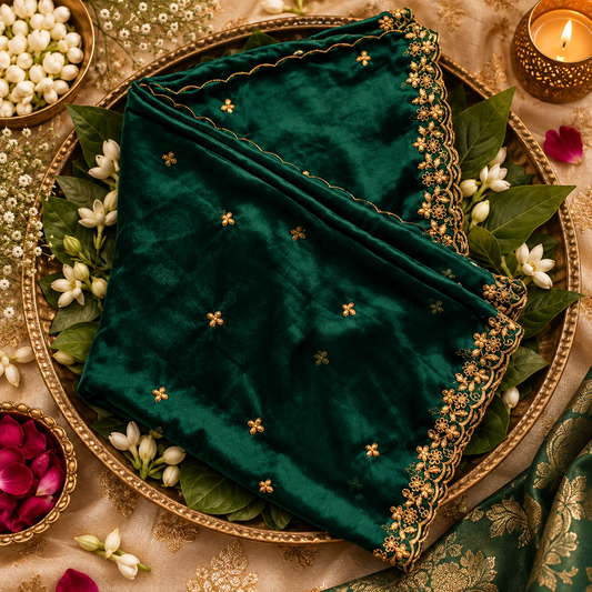 Emerald Green Dupatta with Golden Floral Embroidery