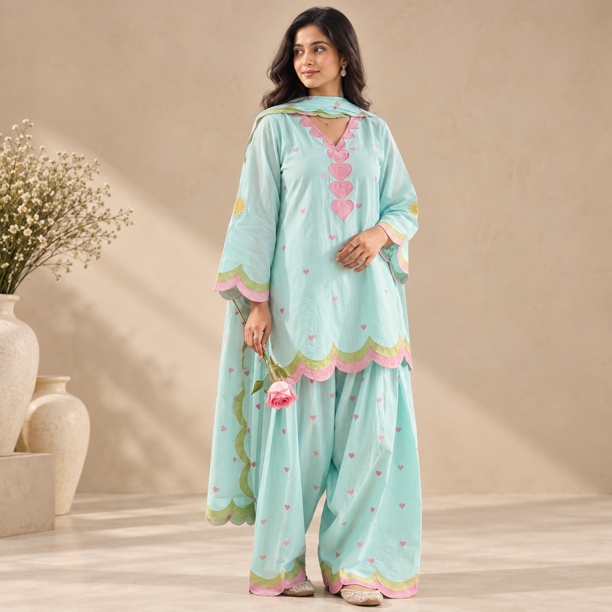 Mint Bloom Scallop Kurta Set