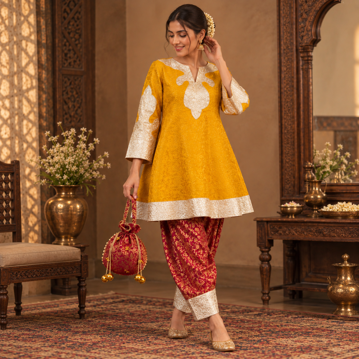 Regal Mustard & Maroon Brocade Suit Set (with Potli Bag)
