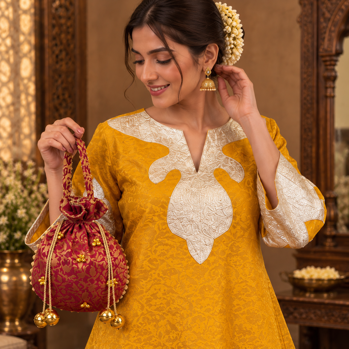 Regal Mustard & Maroon Brocade Suit Set (with Potli Bag)