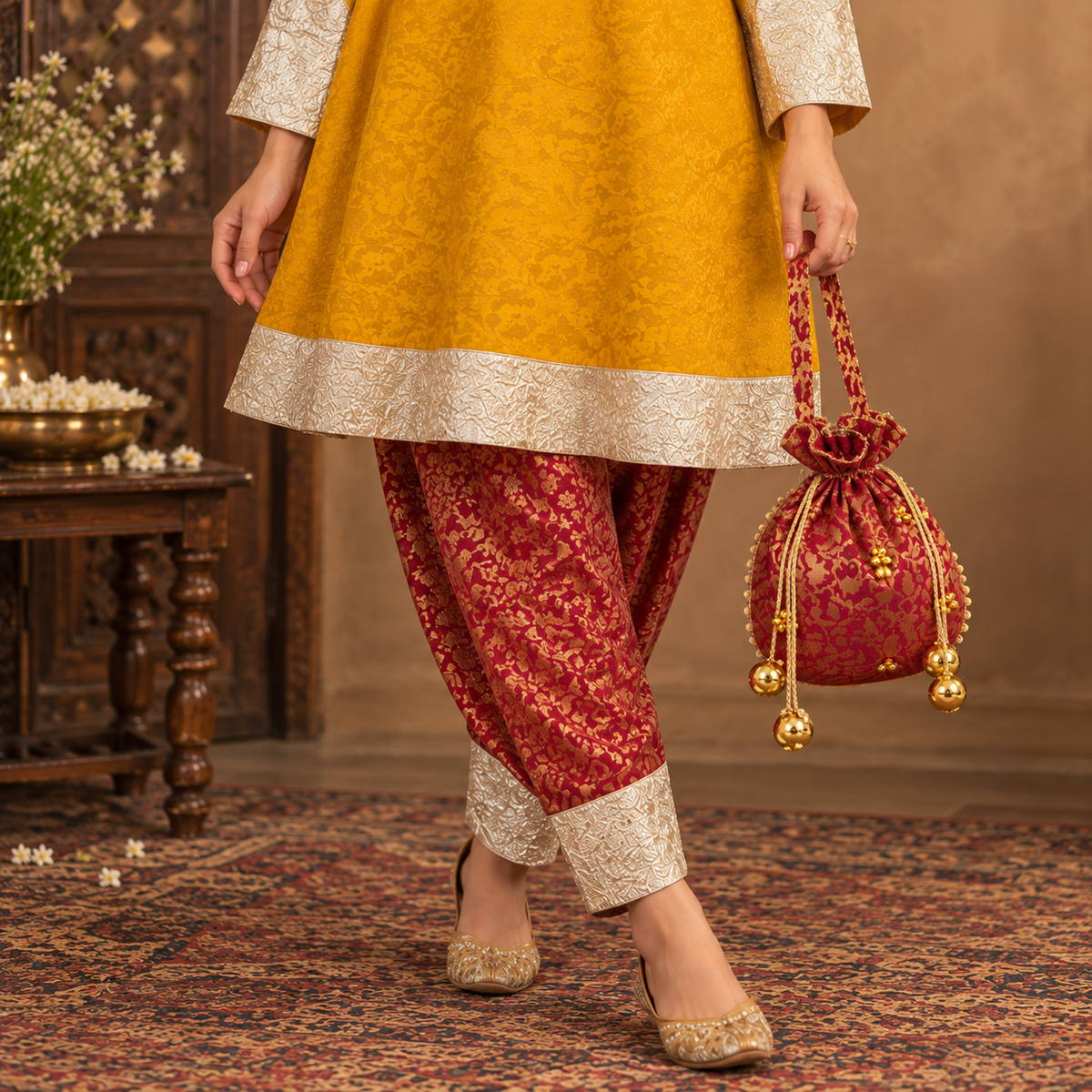 Regal Mustard & Maroon Brocade Suit Set (with Potli Bag)
