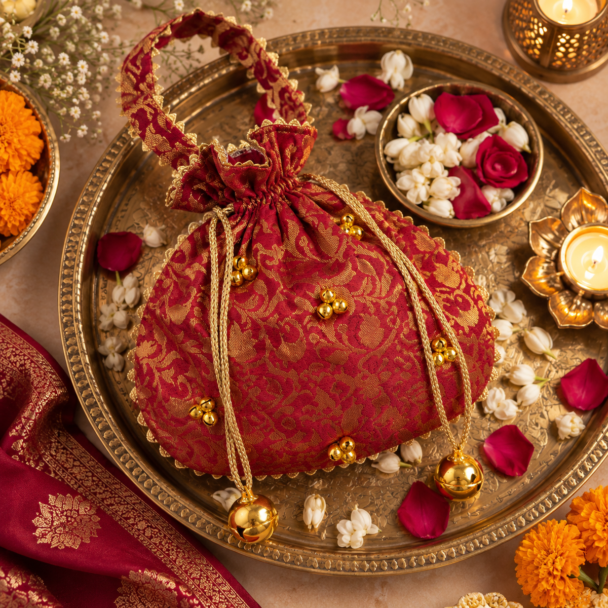 Regal Mustard & Maroon Brocade Suit Set (with Potli Bag)