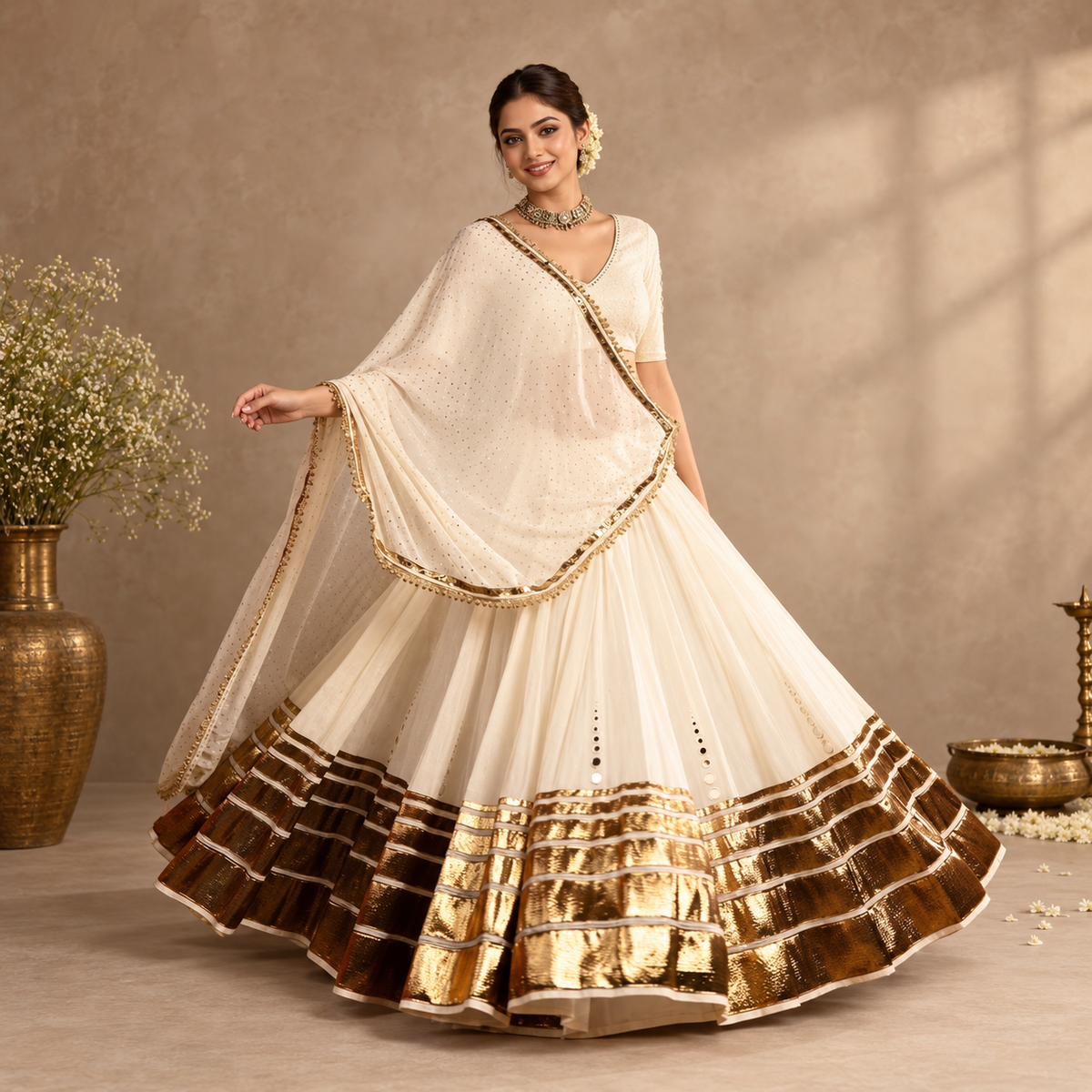 Ivory & Antique Gold Zari Lehenga