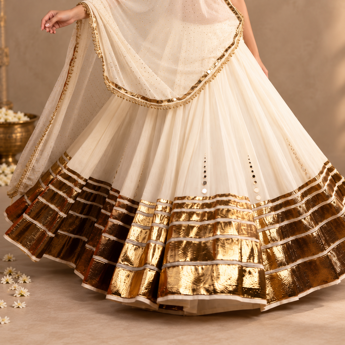 Ivory & Antique Gold Zari Lehenga