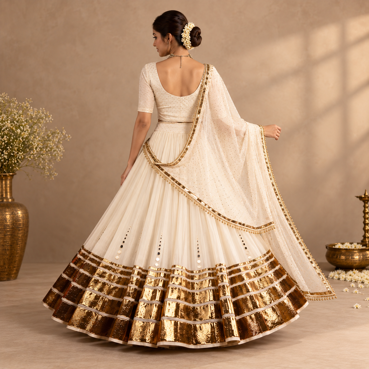 Ivory & Antique Gold Zari Lehenga