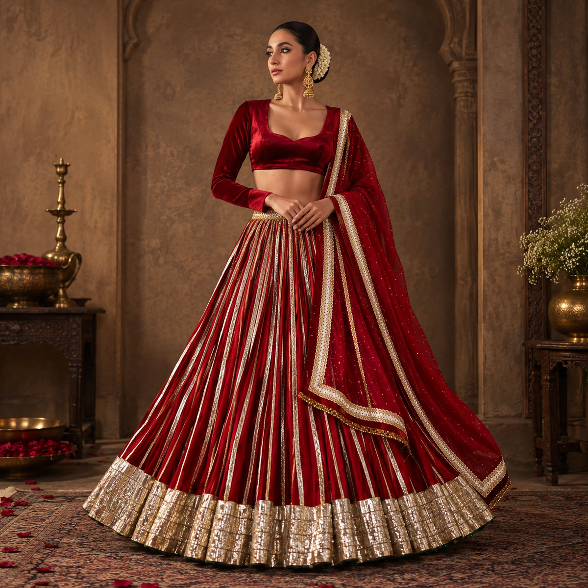 Noor Crimson Red Velvet Zari Lehenga