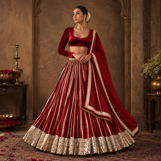 Noor Crimson Red Velvet Zari Lehenga