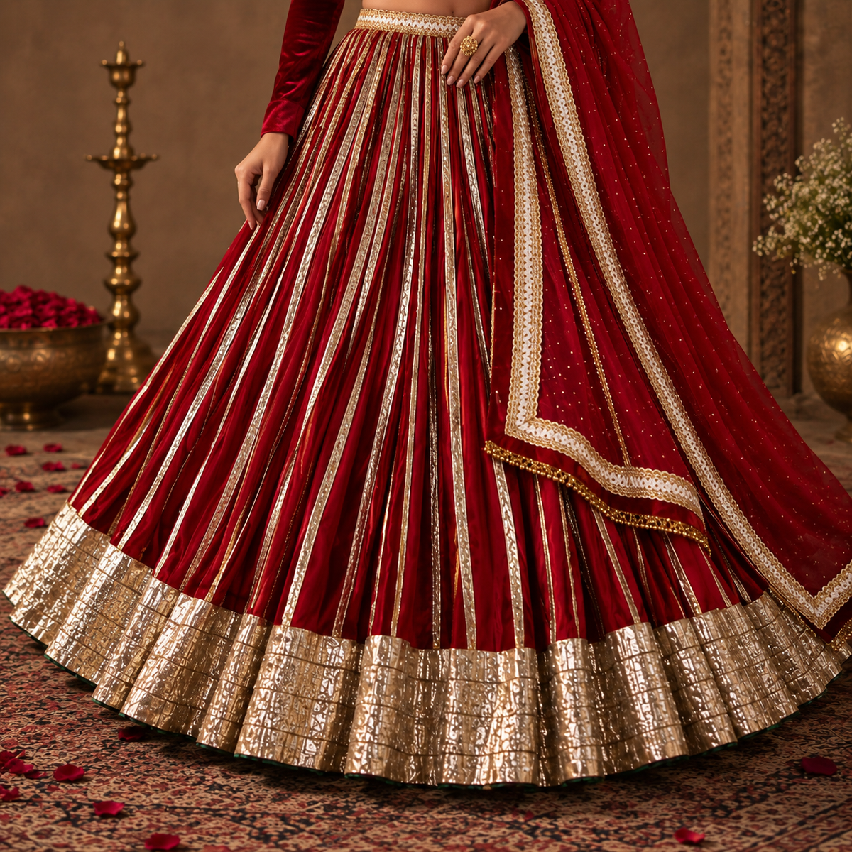Noor Crimson Red Velvet Zari Lehenga