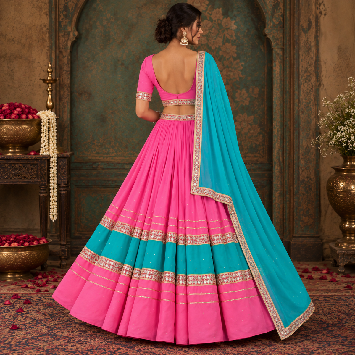 Niti Fuchsia Pink & Turquoise Lehenga