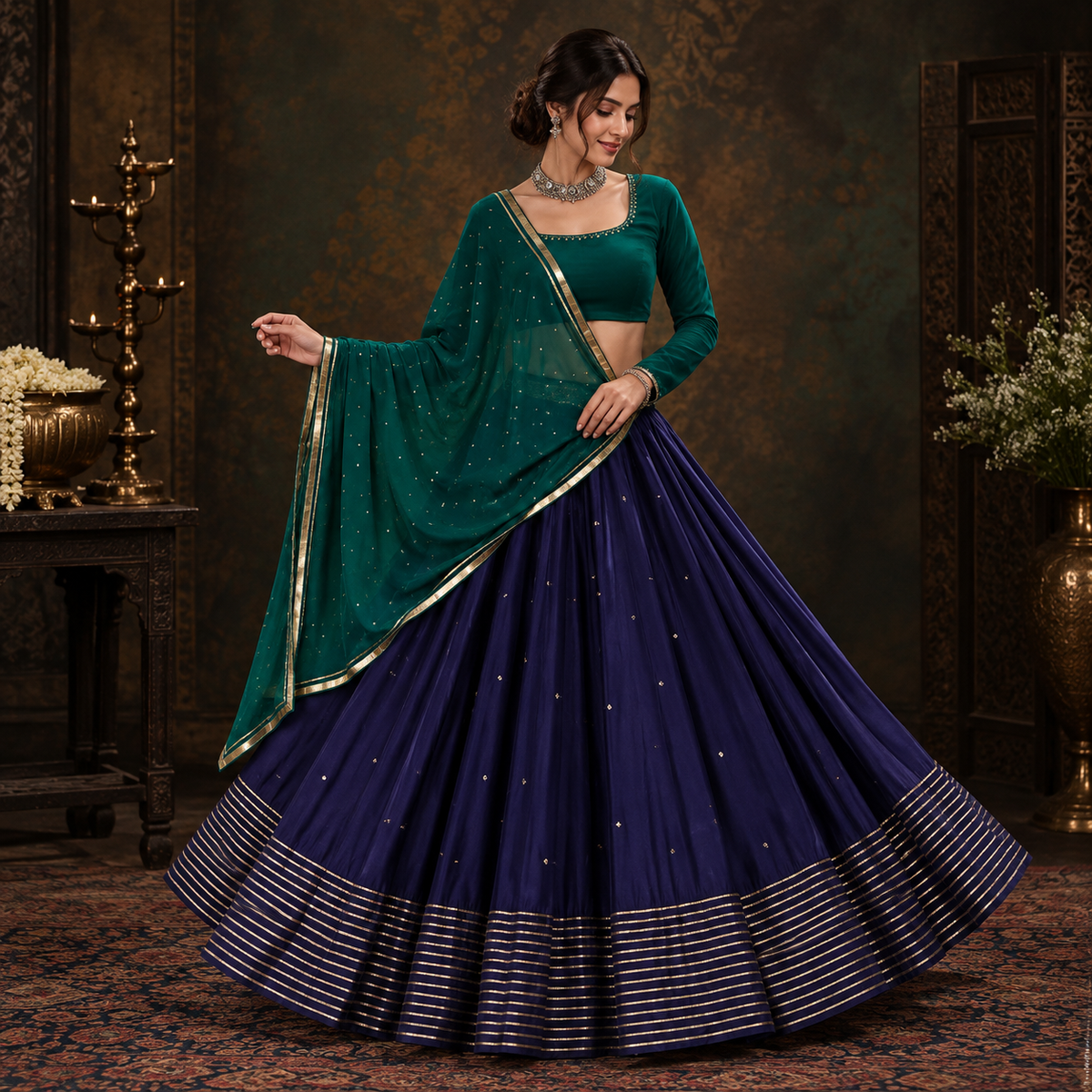 Gustakh Emerald Green & Navy Blue Zari Lehenga