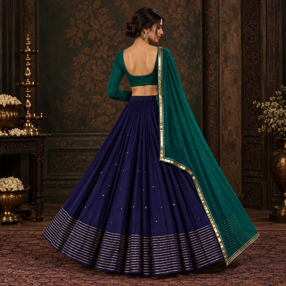 Gustakh Emerald Green & Navy Blue Zari Lehenga