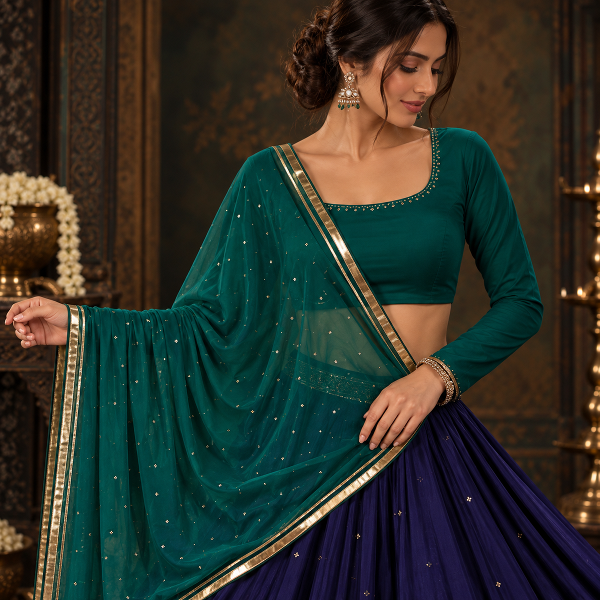 Gustakh Emerald Green & Navy Blue Zari Lehenga