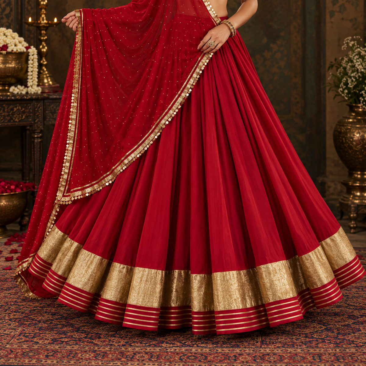 Rukhsaar Crimson Red Antique Gold Lehenga