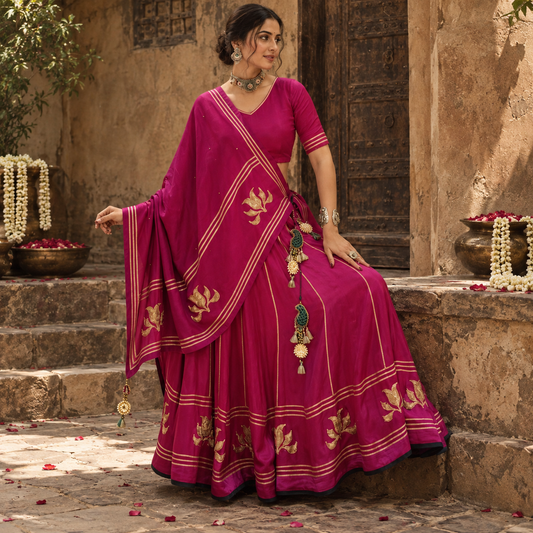 Kamli Fuchsia Pink & Gold Floral Lehenga