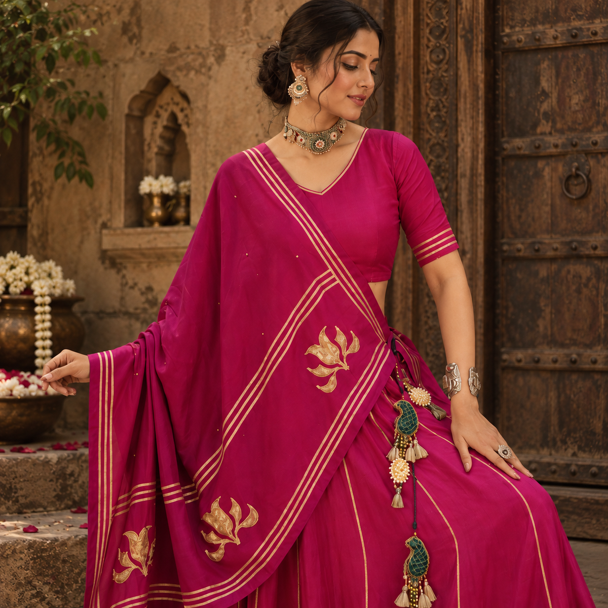 Kamli Fuchsia Pink & Gold Floral Lehenga