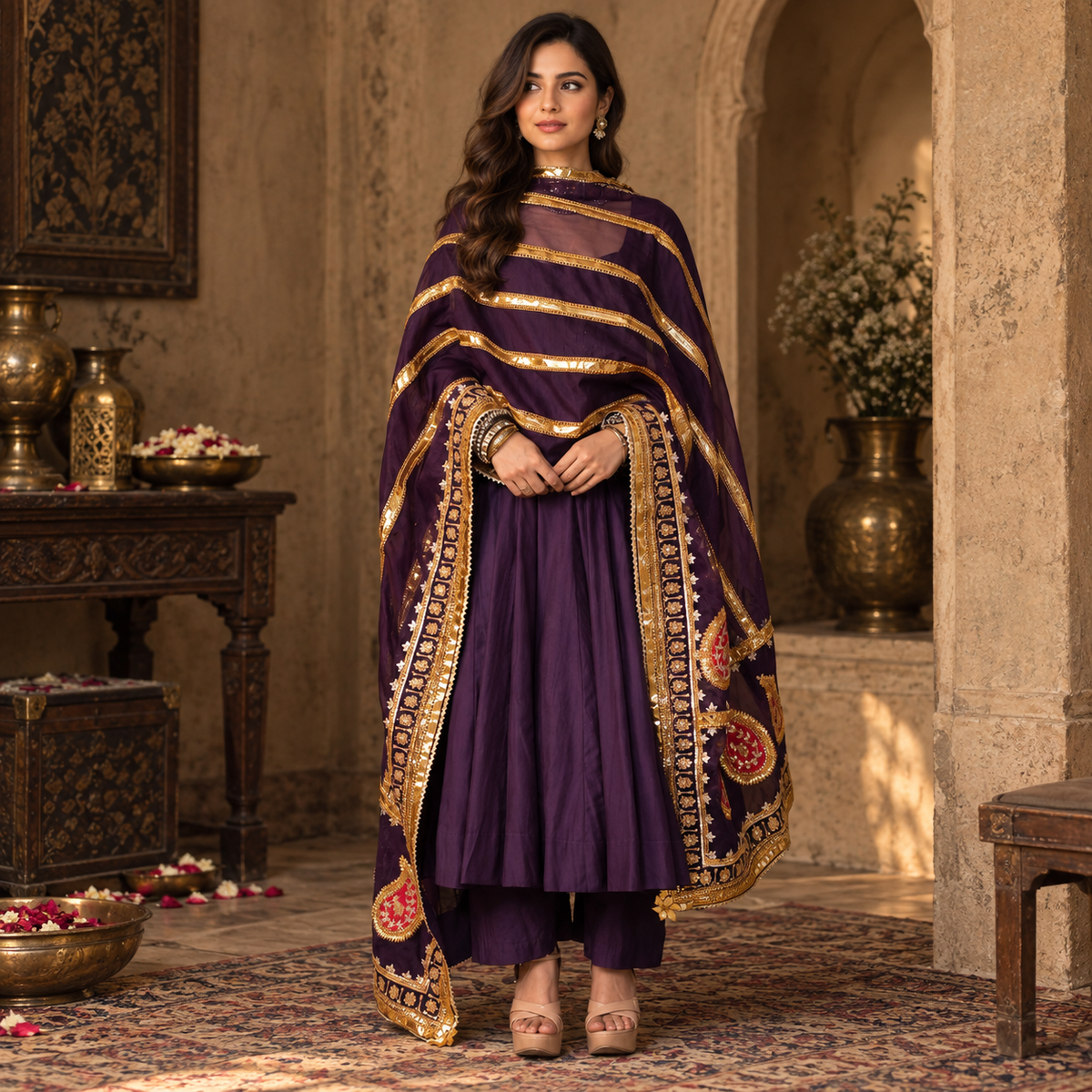 Begum  Plum & Gold Anarkali Suit Set