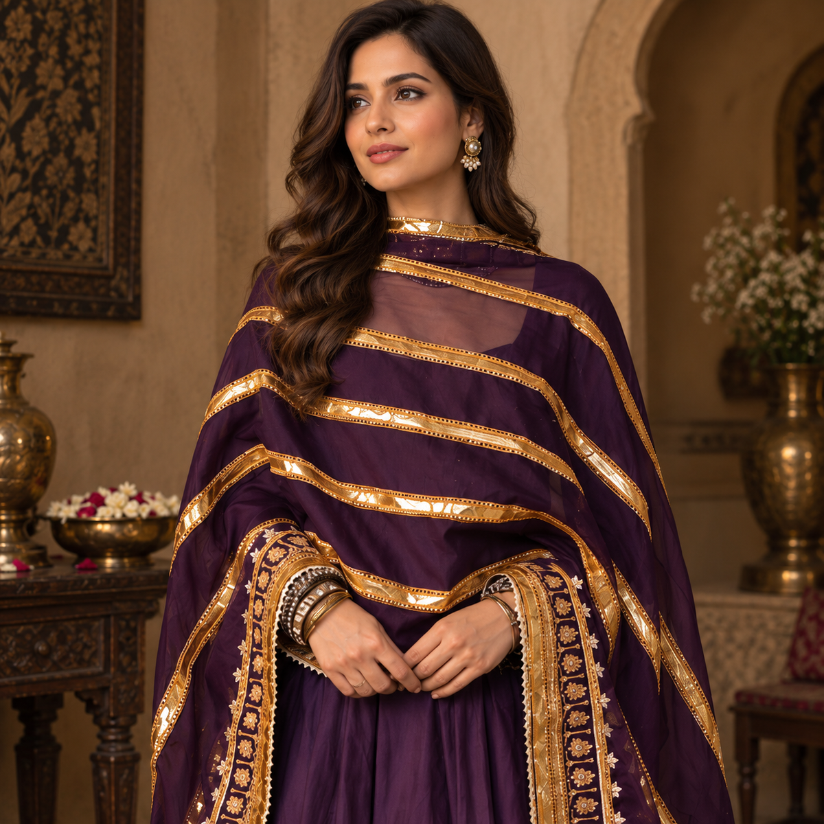 Begum  Plum & Gold Anarkali Suit Set