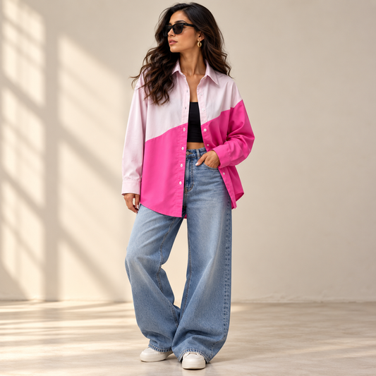 ARIA Blush Fuchsia Color-Block Oversized Shirt