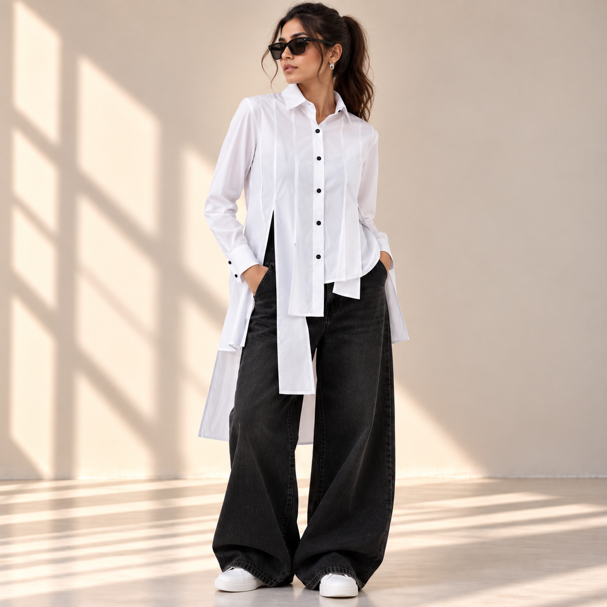 Downtown Asymmetric Layered White Shirt